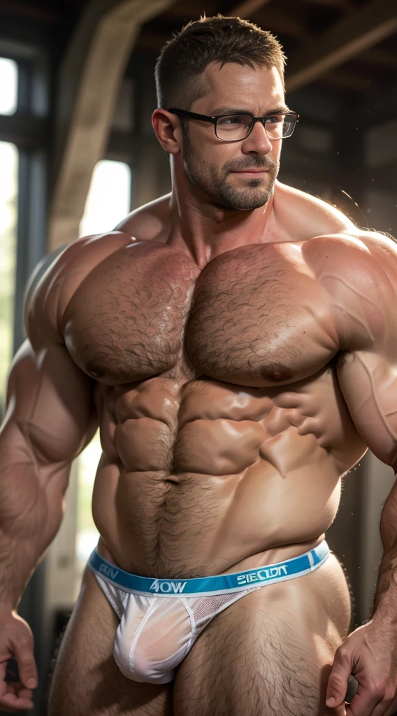 An award-winning original photo,A wild muscular man, (40 years old daddy:1.1), 1boy, Solo, (big shoulders), musculature, stubbles, Short beard, Beautiful eyes:1.3, ), (Detailed face:1.3), wearing glasses, smiles, Dynamic Angle, volumetric lighting, (Best quality, A high resolution, Photorealistic), Cinematic lighting, Masterpiece, RAW photo, Intricate details, hdr, depth of field, full body, detailed speedo, big underwear bulge