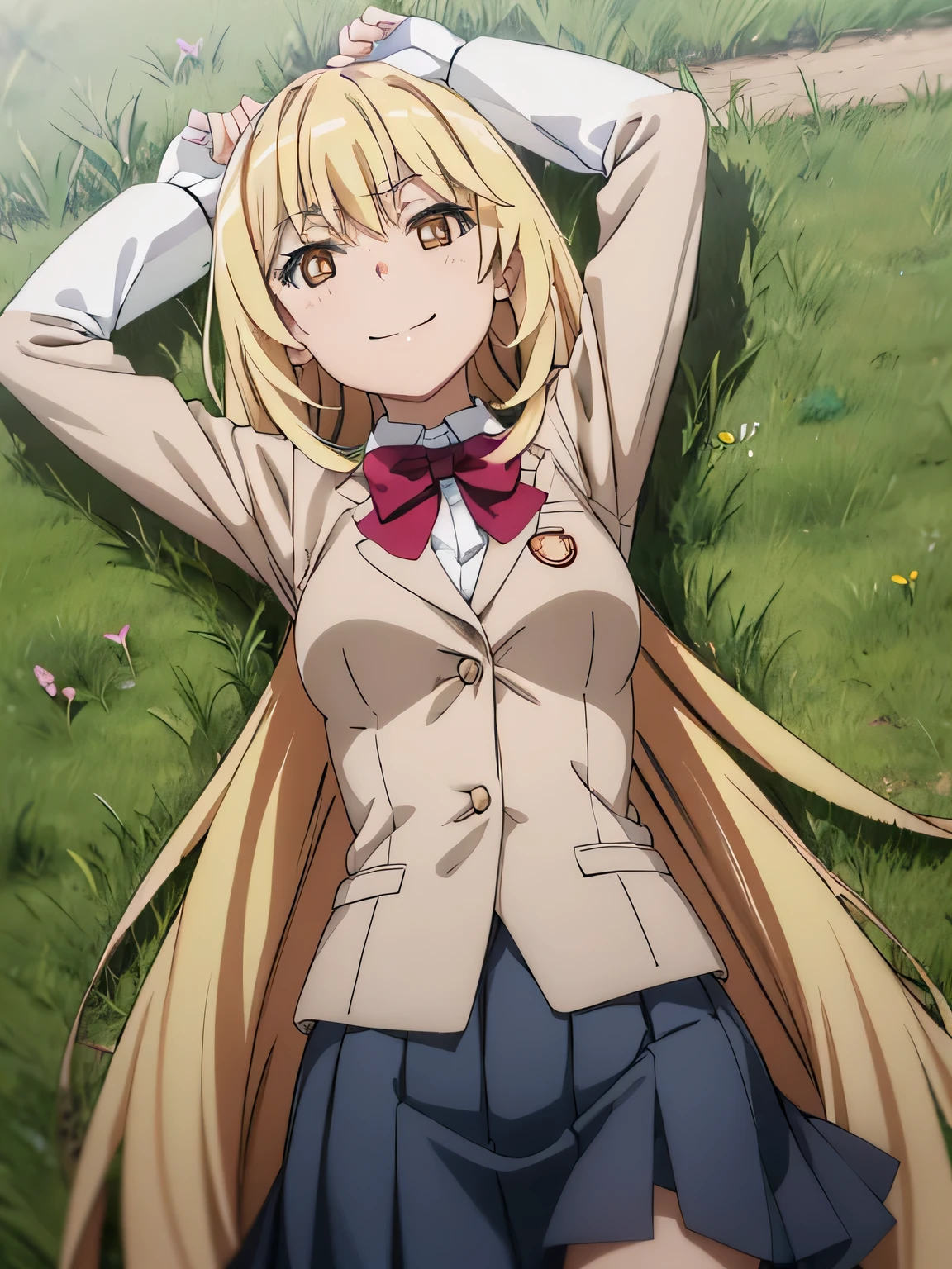 (((pixel-perfect, detail-perfect))), solo, 1girl, misaki shokuhou, tokiwadai school uniform, bow, white elbow gloves, looking at viewer, closed_mouth, spread arms, arms up, cowboy shot, smile, on back, on grass, 