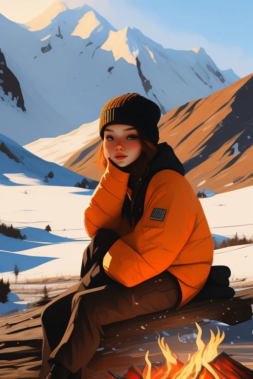 A woman and a man are sitting affectionately on a log next to a fire on a winter night., Guweiz style art work, beautiful digital artwork, Beautiful digital painting, colorful digital painting, High-quality digital painting, Amazing digital illustrations, Digital painting style, Beautiful digital illustration, ilya kuvshinov landscape, Stunning digital painting, Digital art Ilya Kuvshinov, Realistic animation art style