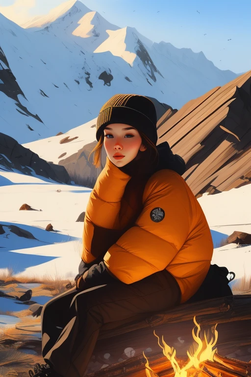 A woman and a man are sitting affectionately on a log next to a fire on a winter night., Guweiz style art work, beautiful digital artwork, Beautiful digital painting, colorful digital painting, High-quality digital painting, Amazing digital illustrations, Digital painting style, Beautiful digital illustration, ilya kuvshinov landscape, Stunning digital painting, Digital art Ilya Kuvshinov, Realistic animation art style