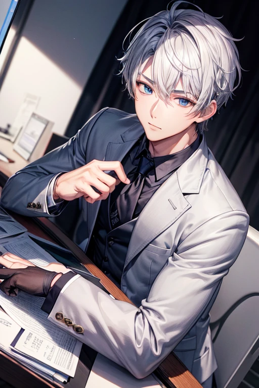 a handsome guy、suit、20代の男性、Silver Shorthaired、long sleeve、PC jobs、High resolution、In 8K、sharp focus、zoom、with the best image quality