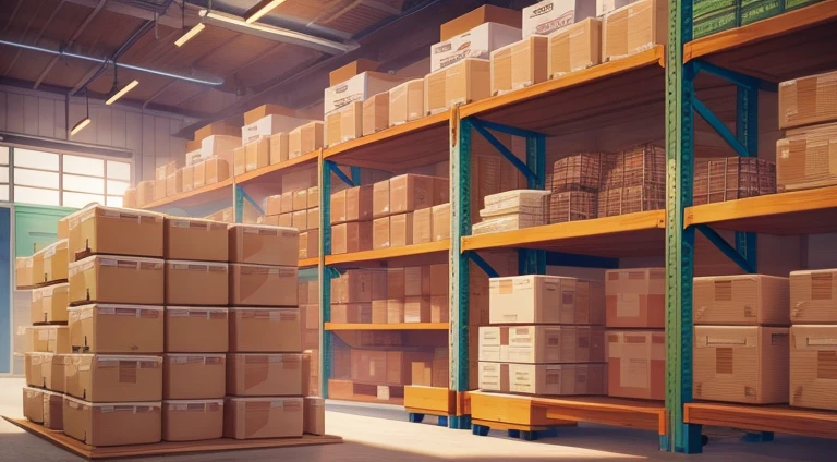 inside a warehouse, Many large shelves with boxes, anime style.Rice grain sack