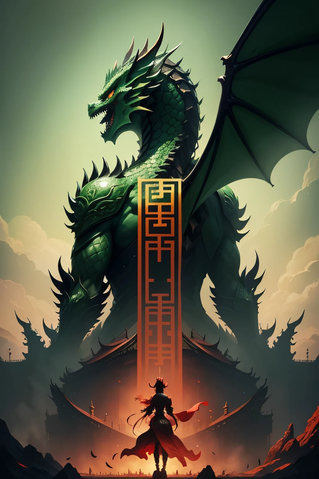 Big green Chinese mythical beast green dragon head，little woman back view red，fighting，red background，Medieval architecture，A masterpiece of simplicity, Super details, Poster level works, ultra high definition