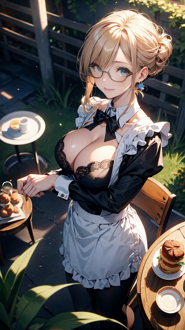 (best quality, masterpiece), (ultra high resolution, 8K RAW photo, photo realistics:1.5, textile shading, thin outline, clear focus:1.2), Beautuful Matured woman preparing tea_party in the garden, standing by the round table, (meisen's tea set, tea pot, tea cups, some cakes on dish), delicate and classy Baroque style white table with gold accents and royal_blue, wearing light_brown maid uniform, breast cleavage, maid costume:1.2, long flare skirts, apron, bow ties on the chest, long tall sally, long legs, white hair, (wearing thin-flame glasses:1.2), (milf:1.5, 28 years old, solo), (large breast, sagging breast, big tits, narrow waist), (medium short white hair, hair over one eye, (updo hair:1.2), side lock, asymmetric hair, wavy hair), (bright pupils, detailed eyes, high detailed face, Perfect face shape, eye rush), (seductitve smiling, half-closing eyes), (looking at viewers:1.3), (dynamic angle, full body, from above:1.2), ((correct anatomy:1.5, correct hands)), (ideal ratio of body proportions), (outdoor:1.2, grass field),