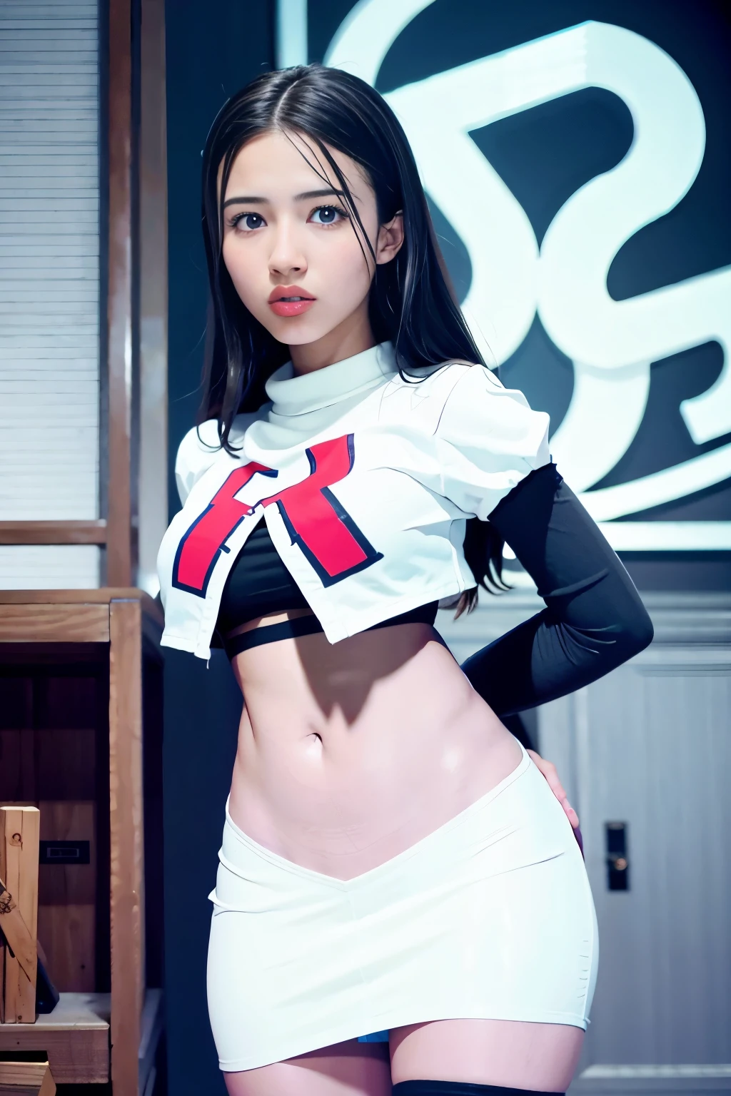 strawberrytabbyy, a woman wearing team rocket,team rocket uniform,white skirt,red letter R,crop top,black thigh-highs,black elbow gloves,