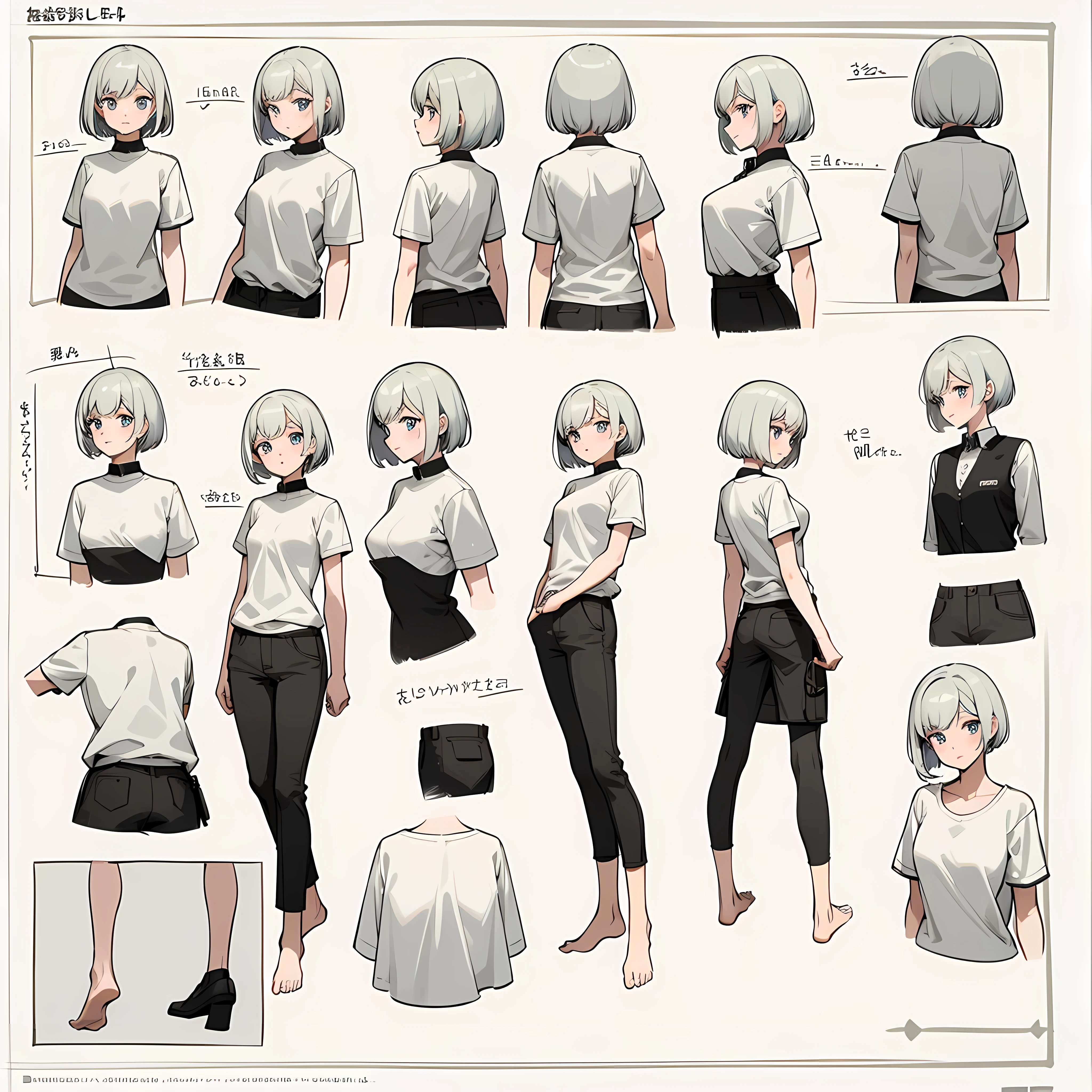 ((Masterpiece, highest quality)), detailed face, character sheet, Full body, full of details, multiple poses and expressions, highly detailed, depth, many parts, White short haired girl, BREAK White T-shirts with shoulder off, Medium breast, Black long cloth pants, no shoes
