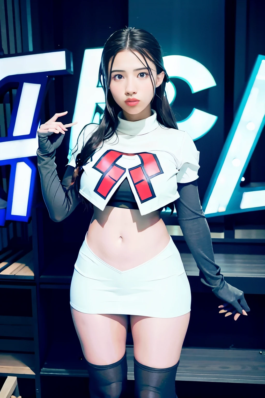 strawberrytabbyy, a woman wearing team rocket,team rocket uniform,white skirt,red letter R,crop top,black thigh-highs,black elbow gloves,