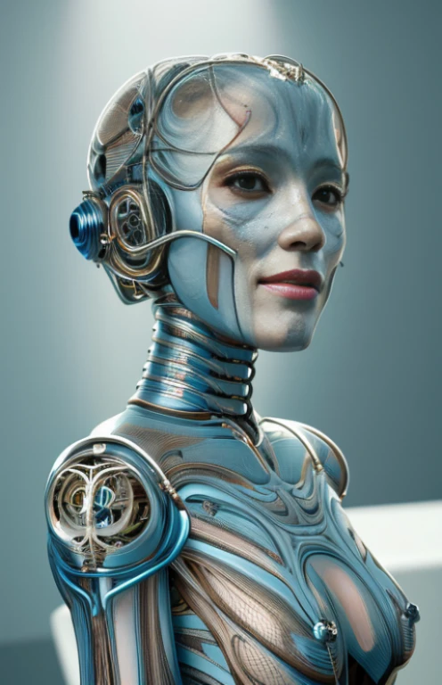 complexo 3d render ultra detalhado de um belo perfil de porcelana mulher rosto android, ciborgue, robotic parts, 150mm, beautiful studio soft light, Luz de aro, detalhes vibrantes, ciberpunk luxuoso, RENDA, hyperrealista, anatomical, facial muscles, cable electrical wires, microchip, elegante, fundo bonito, Octane rendering, h. R. Estilo Giger, 8k, melhor qualidade, obra de arte, illustration, extremamente delicado e lindo, extremamente detalhado ,CG ,Unidade ,papel de parede, (realista, photo-realista:1.37),incredible, detalhes finos, obra de arte,melhor qualidade,arte oficial, extremamente detalhado CG Unidade 8k papel de parede, absurdos, incredibly absurdos, robot, Contas de prata, corpo todo, sentado