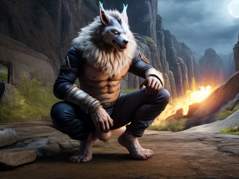 Barefoot hypnotised WereGarurumon wears black ninja suit, tebowing, detailed paws with bandages and claws, blue fur, in a trance, a look of weak resistance to hypnosis on his face, drooling, red glow in his eyes