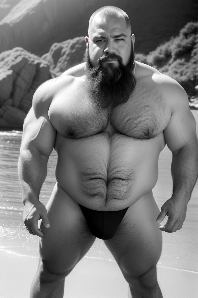 A stunning portrait of a beach scene captures the essence of a tractive beefy Greek mid-age bald man. Standing proudly, his strong muscular physique is on full display, accentuated by his big fat hairy belly and a chest adorned with a carpet of hair. immense leg muscles, while his hairy pubis and man-sized hairy groin add to his masculine appeal. The photograph, shot on a Nikon Z7 II with a Nikon NIKKOR Z 105mm f/2.8 VR S lens, boasts exquisite chiaroscuro lighting that highlights every contour of his body. With hyperrealism and luminism techniques, the image is rendered in stunning HD, 4k, and 8k resolution, offering, detailed speedo, big underwear bulge