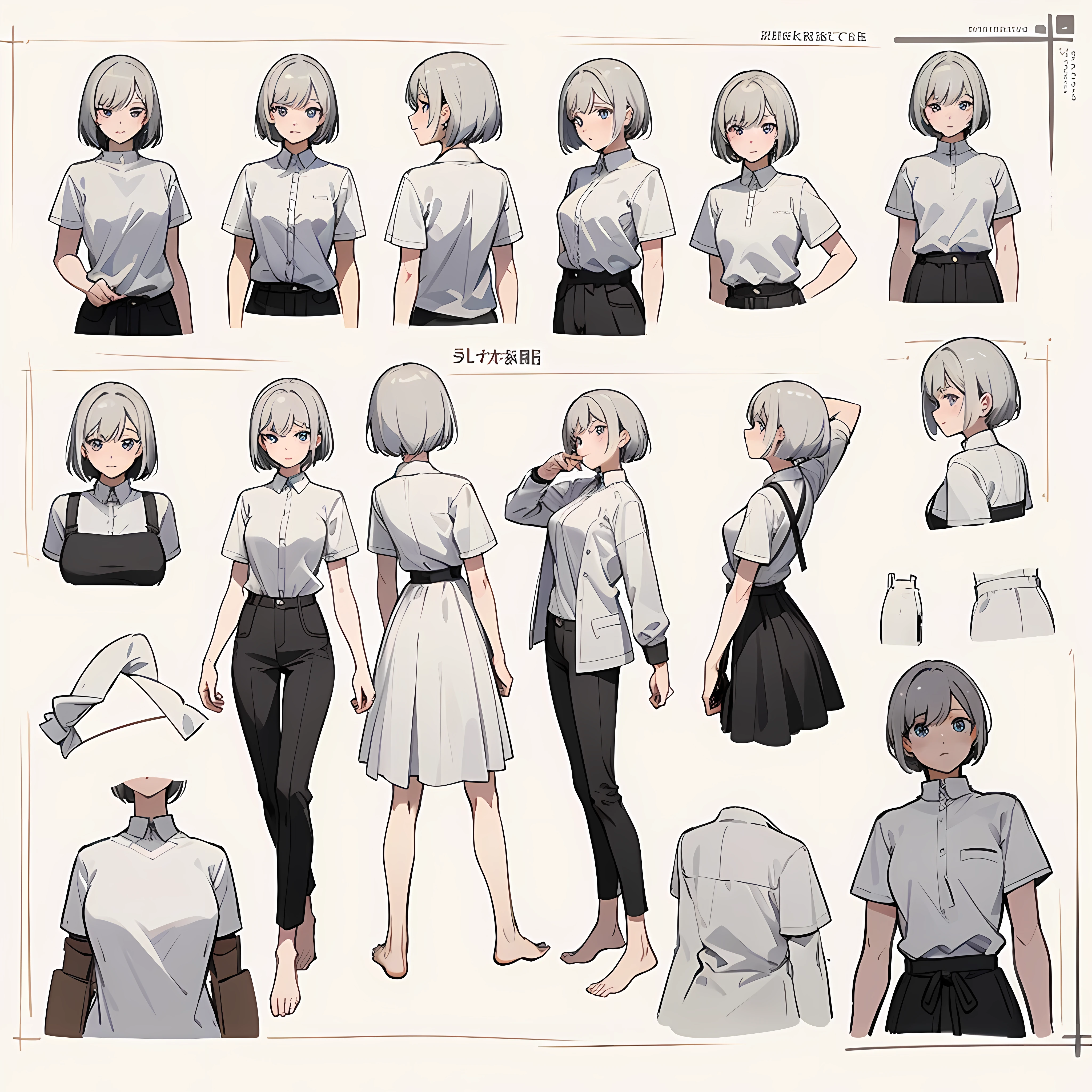 ((Masterpiece, highest quality)), detailed face, character sheet, Full body, full of details, multiple poses and expressions, highly detailed, depth, many parts, White short haired girl, BREAK White T-shirts with shoulder off, Medium breast, Black long cloth pants, no shoes