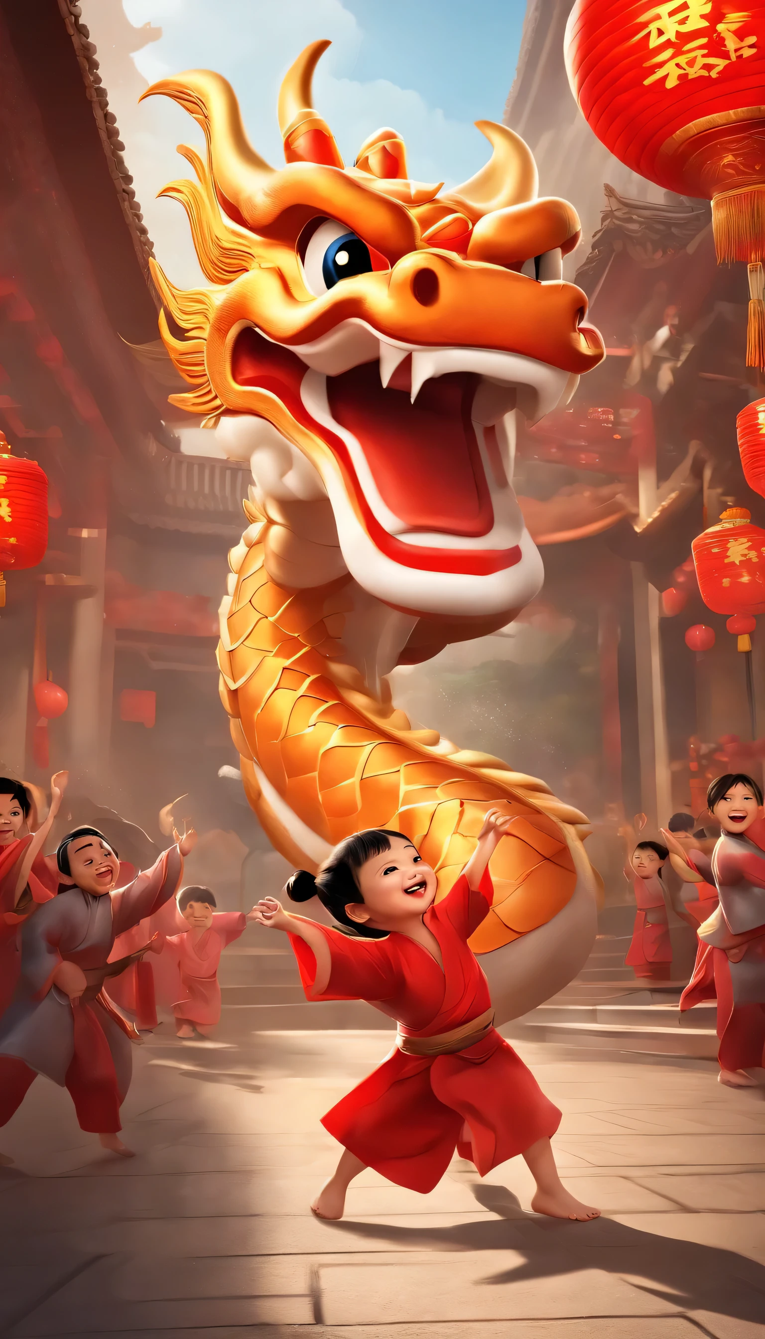 CNY，Children performing dragon dance, children jumping in the air，Armed with a stick，Raise the dancing dragon head, The faucet is in the center of the screen，The streets are crowded with people on both sides，happiness慶，Red，Pixar, Cartoonish，Business posters，There are decorations around，happiness, Speechless