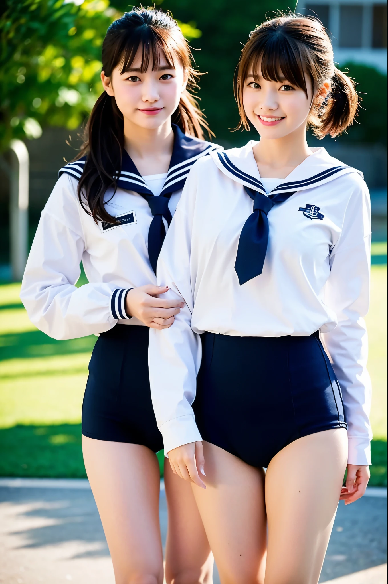 2 girls standing in school yard in autumn,long-sleeved white sailor unitard with white compression long pants,red bow tie,18-year-old,bangs,a little smiles,thighs,knees,crotch,low ponytail,from below