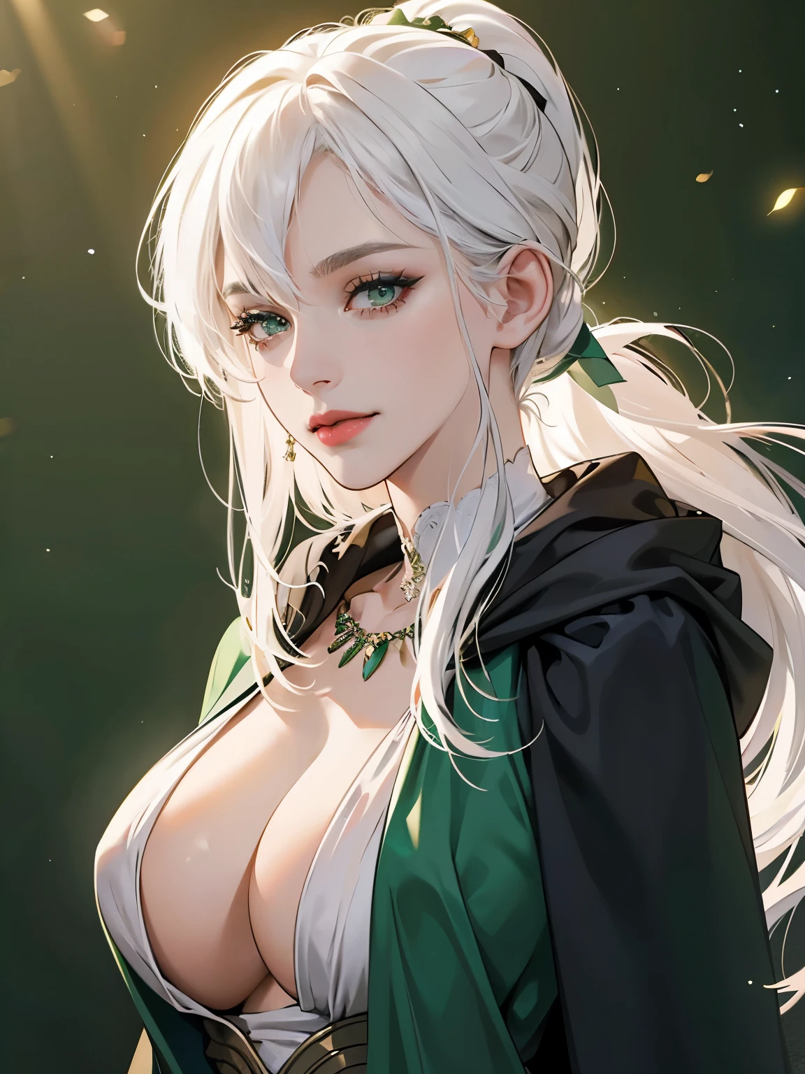 masterpiece, best quality, realistic, 1woman, no smile and charming young woman, 27 year old, happy look, portrait, extremely detailed face, green eyes color, [thick eyebrow] Beautiful, full body, western, Jewish, smile face, red lips, white hair color, jewelry, Necklace, big boobs, masterpiece, best quality, realistic, one mature female, extremely detailed face, ((length white hair)), slender, Extremely delicate and elegant face, Sexy and feminine, cinematic lighting, makeup, Victorian era, (whole portrait), Hogwarts background, hogsks, wearing slytherin uniform, slytherin uniform, add bangs hair, look at viewer, slytherin cloak, night background, bangs hair, add ponytail hair, ponytail hair,