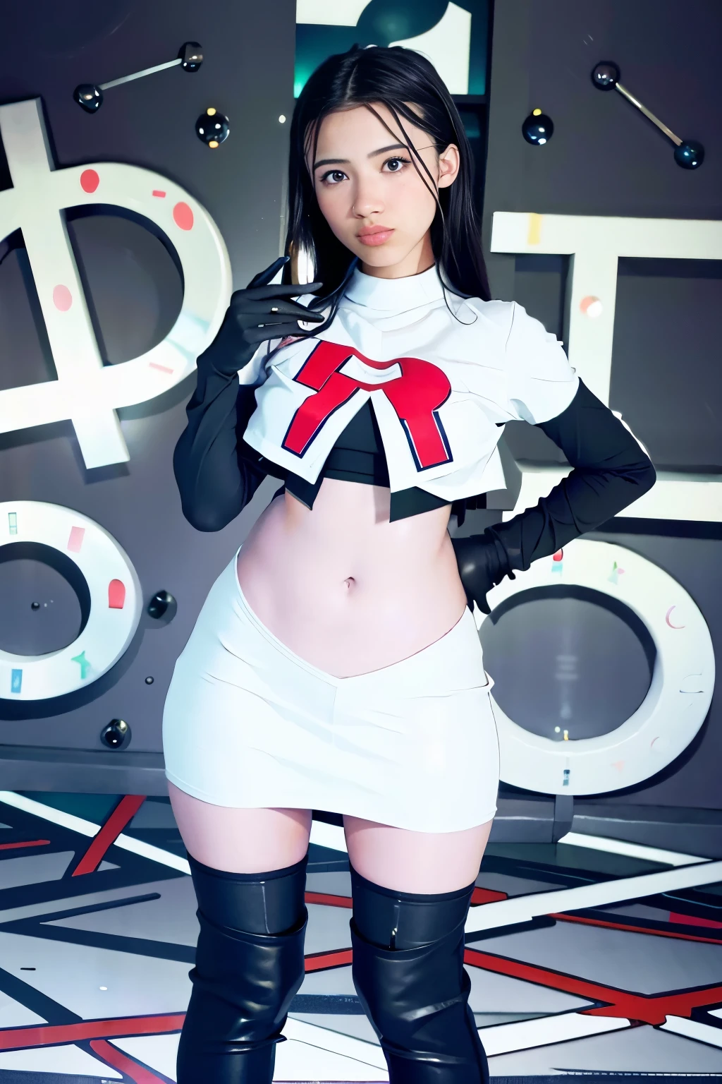 strawberrytabbyy, a woman wearing team rocket,team rocket uniform,white skirt,red letter R,crop top,black thigh-highs,black elbow gloves,