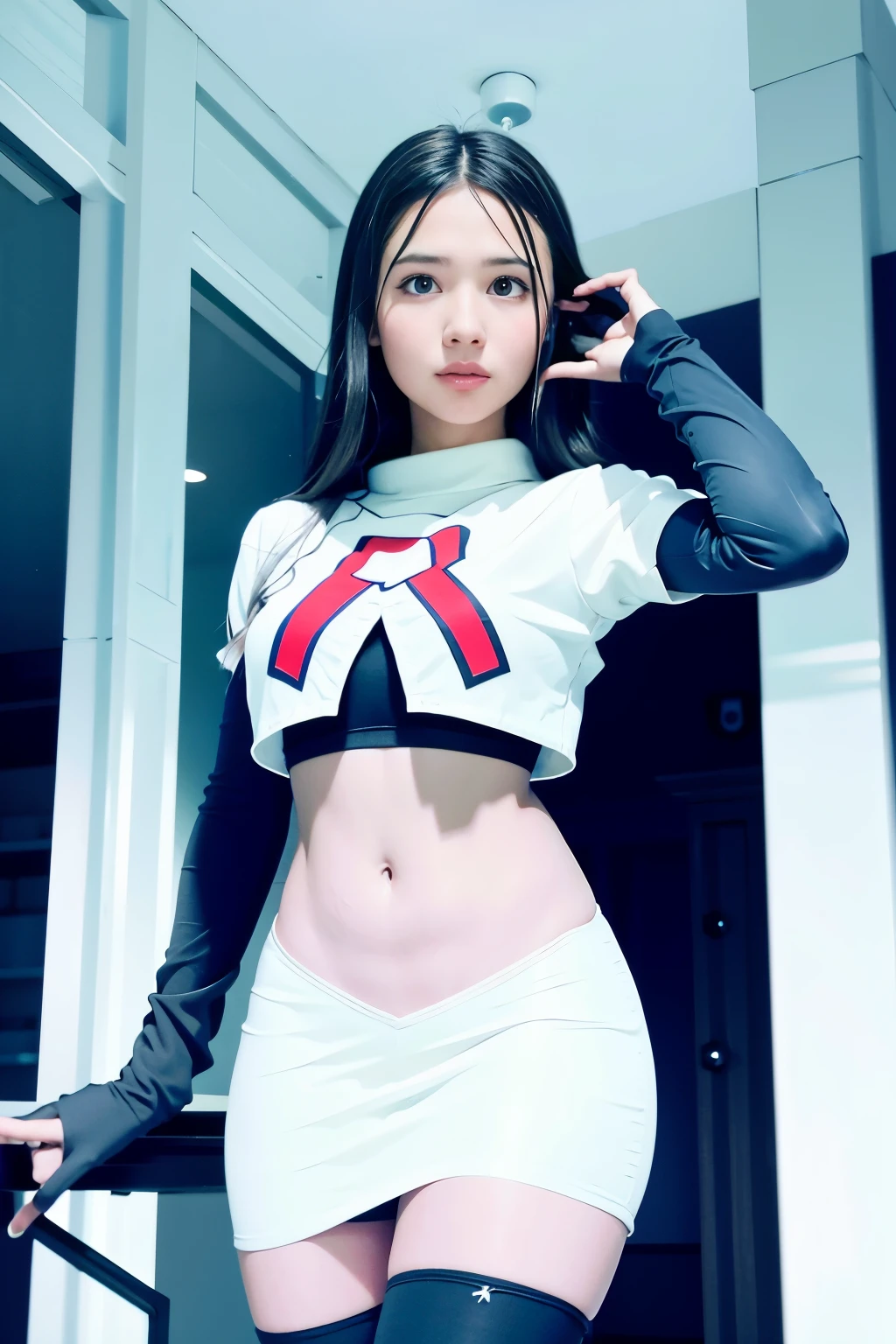 strawberrytabbyy, a woman wearing team rocket,team rocket uniform,white skirt,red letter R,crop top,black thigh-highs,black elbow gloves,