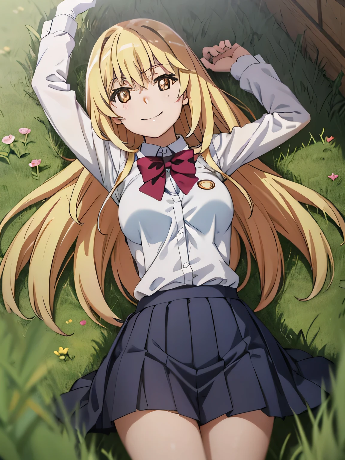 (((pixel-perfect, detail-perfect))), solo, 1girl, misaki shokuhou, tokiwadai school uniform, bow, white elbow gloves, looking at viewer, closed_mouth, spread arms, arms up, cowboy shot, smile, on back, on grass, 