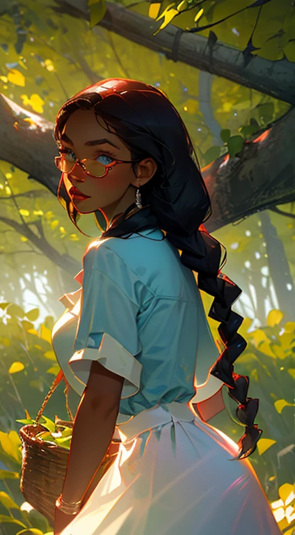 beautiful young woman, 2 long braids, thick bangs, dark hair, a lot of make-up, detailed eyes, detailed hair, detailed face, wearing round glasses, dark skin, portrait. face shot, long head, big nose, big lips, ebony skin, mischievous, blue eyes, wearing a white blouse, long blue skirt, with a brown apron, half body view, slim girl, , holding a basket full of herbs out in the woods (natural skin textures、Hyper-Realism、Soft light、sharp)