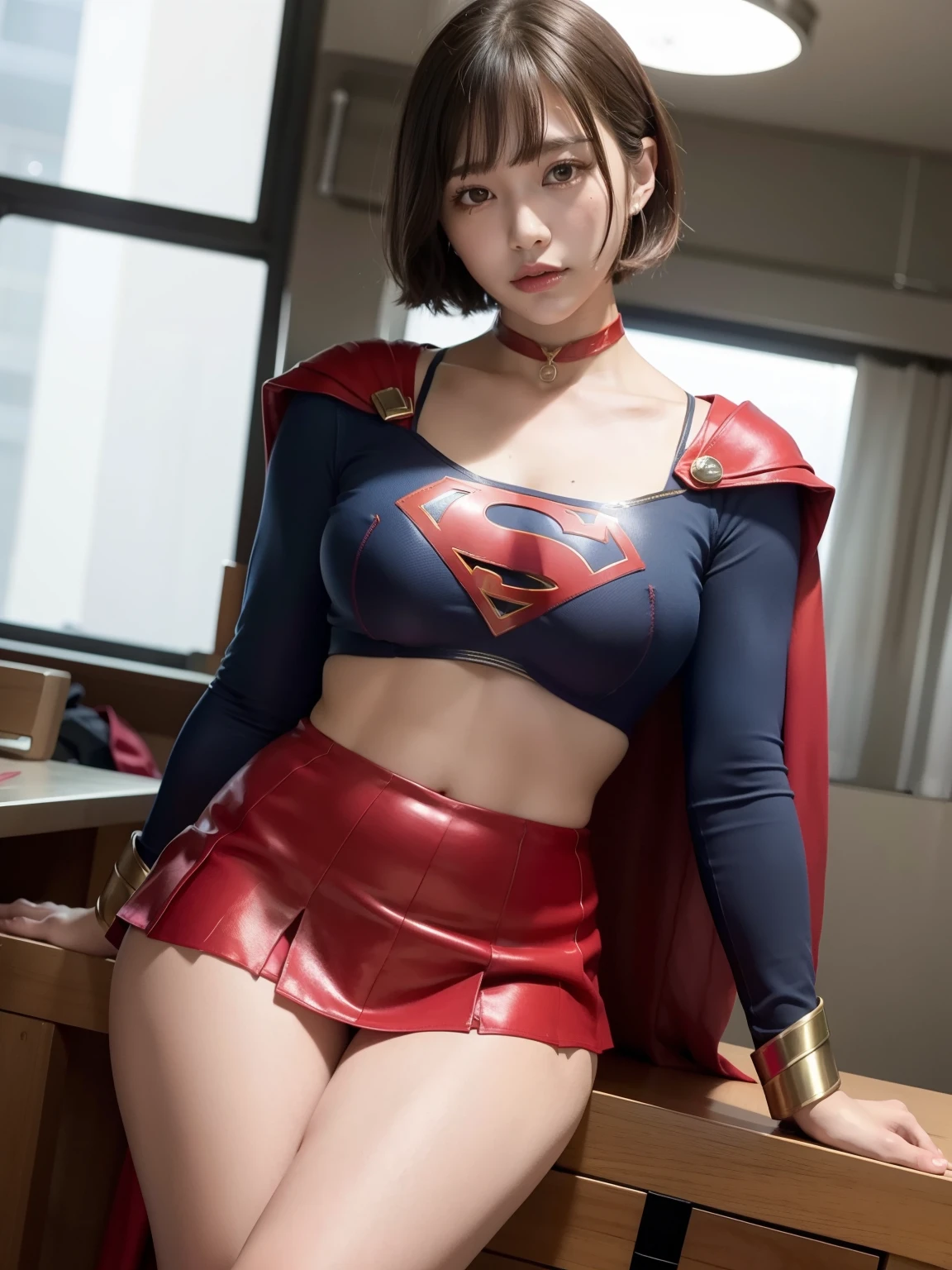 masterpiece、Supergirl costumes、short hair、barefoot、big and full breasts、Experimental Facilities、operating table、straddle、Tattered、shiny、look at the camera、Seduce、choker、long sleeve、red mini skirt、Cowgirl