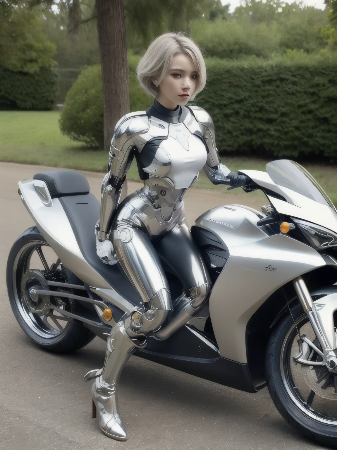 ((highest quality)), ((muste piece)), ((perfect face)), ((beautiful woman face))、(((A cyborg with a beautiful white and supple design.)))、Science fiction、fantasy art、(((You can see the tips of the metallic boots)))、(silver short hair)、(((Riding a detailed futuristic electric motorcycle)))、natural way to ride、outdoor、blue glowing eyes