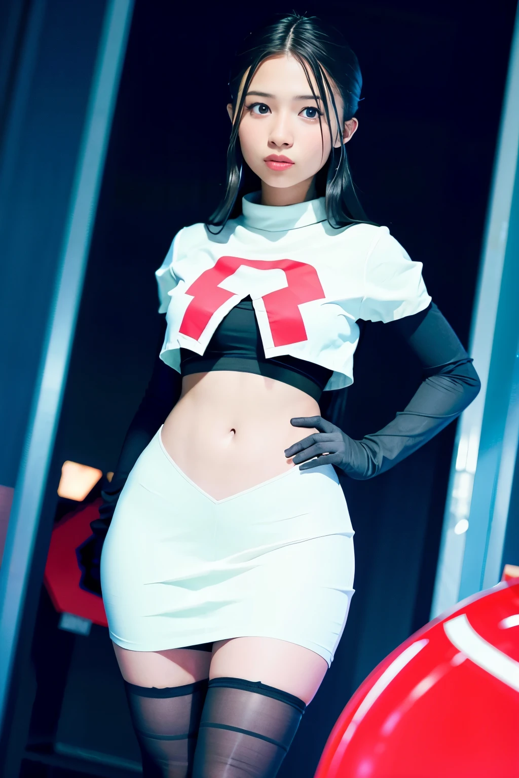 strawberrytabbyy, a woman wearing team rocket,team rocket uniform,white skirt,red letter R,crop top,black thigh-highs,black elbow gloves,