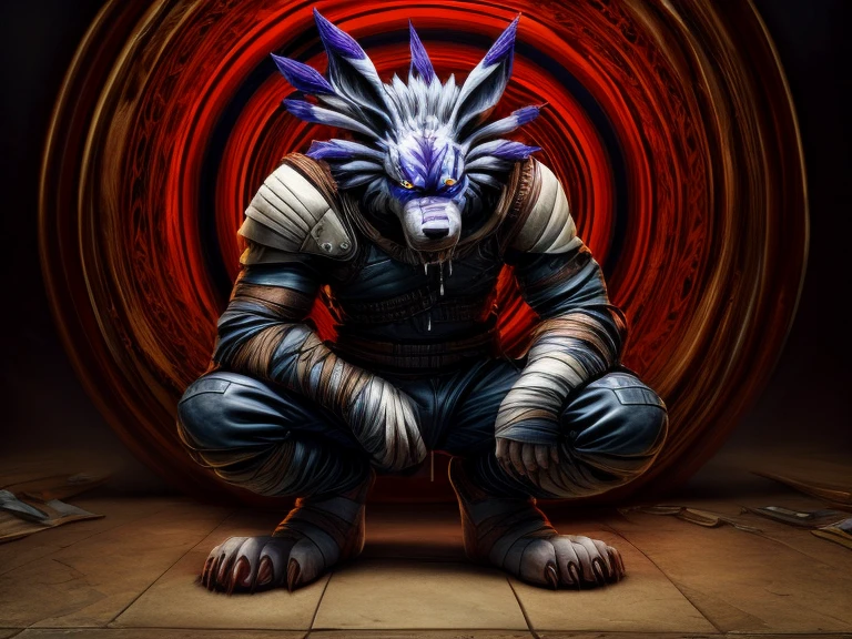 Barefoot hypnotised WereGarurumon wears black ninja suit, tebowing, detailed paws with bandages and claws, blue fur, in a trance, a look of weak resistance to hypnosis on his face, drooling, red glow in his eyes