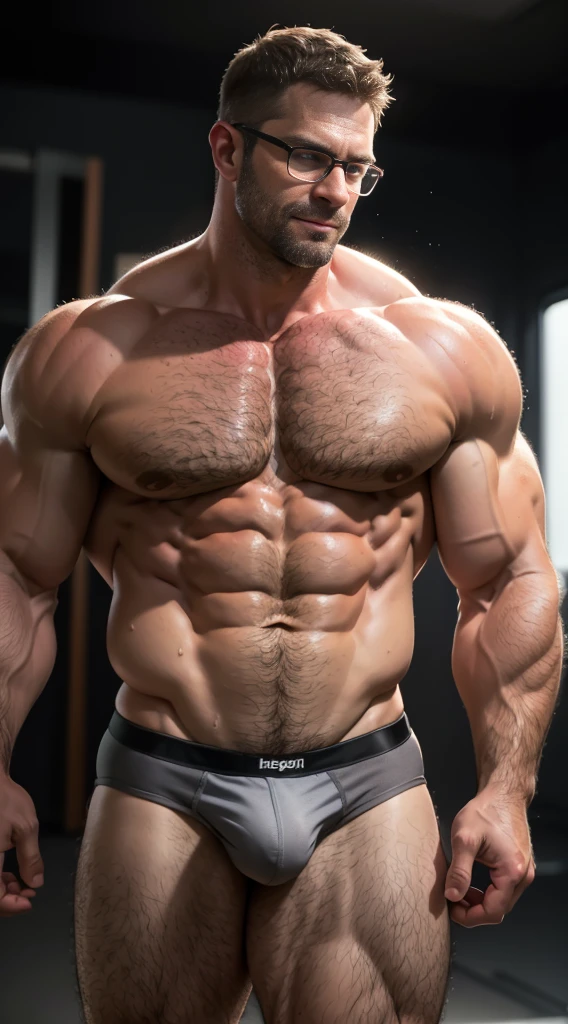 An award-winning original photo,A wild muscular man, (40 years old daddy:1.1), 1boy, Solo, (big shoulders), musculature, stubbles, Short beard, Beautiful eyes:1.3, ), (Detailed face:1.3), wearing glasses, smiles, Dynamic Angle, volumetric lighting, (Best quality, A high resolution, Photorealistic), Cinematic lighting, Masterpiece, RAW photo, Intricate details, hdr, depth of field, full body, detailed speedo, big underwear bulge, sweaty