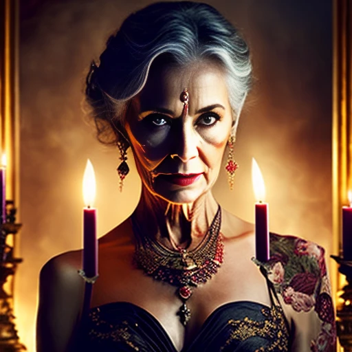 (Masterpiece of a 46-year-old Demon Woman named Madura), Ultra-realistic and Photorealistic, Graying hair with stark contrast that shines under the candlelight, Red eyes that gleam with an otherworldly glow, casting an eerie reflection on the ancient surroundings, Voluptuous figure with intricately designed tattoos, each curve and line detailed and textured,displaying the charm of age, Clothing adorned with precious stones and dark fabrics that catch the flickering candlelight, Hands behind her back, a seductive smirk playing on her lips, Elegant and antique surroundings, filled with an atmospheric ambiance, Candle