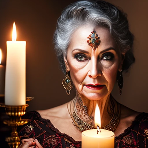 (Masterpiece of a 46-year-old Demon Woman named Madura), Ultra-realistic and Photorealistic, Graying hair with stark contrast that shines under the candlelight, Red eyes that gleam with an otherworldly glow, casting an eerie reflection on the ancient surroundings, Voluptuous figure with intricately designed tattoos, each curve and line detailed and textured,displaying the charm of age, Clothing adorned with precious stones and dark fabrics that catch the flickering candlelight, Hands behind her back, a seductive smirk playing on her lips, Elegant and antique surroundings, filled with an atmospheric ambiance, Candle