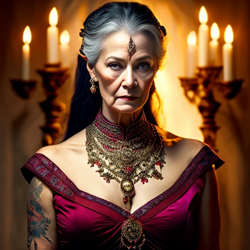 (Masterpiece of a 46-year-old Demon Woman named Madura), Ultra-realistic and Photorealistic, Graying hair with stark contrast that shines under the candlelight, Red eyes that gleam with an otherworldly glow, casting an eerie reflection on the ancient surroundings, Voluptuous figure with intricately designed tattoos, each curve and line detailed and textured,displaying the charm of age, Clothing adorned with precious stones and dark fabrics that catch the flickering candlelight, Hands behind her back, a seductive smirk playing on her lips, Elegant and antique surroundings, filled with an atmospheric ambiance, Candle