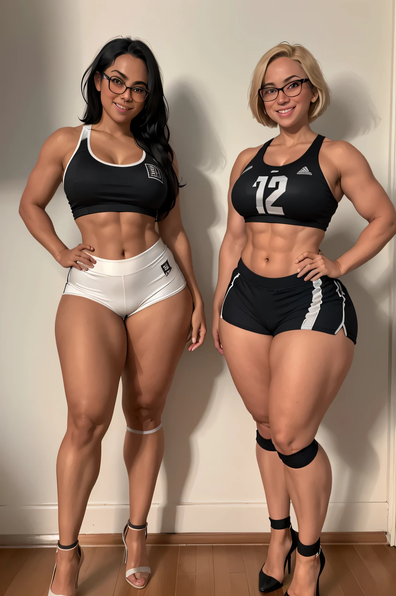 20's year old, tanned, fit, female volleyball player, wearing gym shorts, thick muscular thighs, full body shot, with heels, laughing, stood up straight, facing the camera, with short blonde hair and glasses