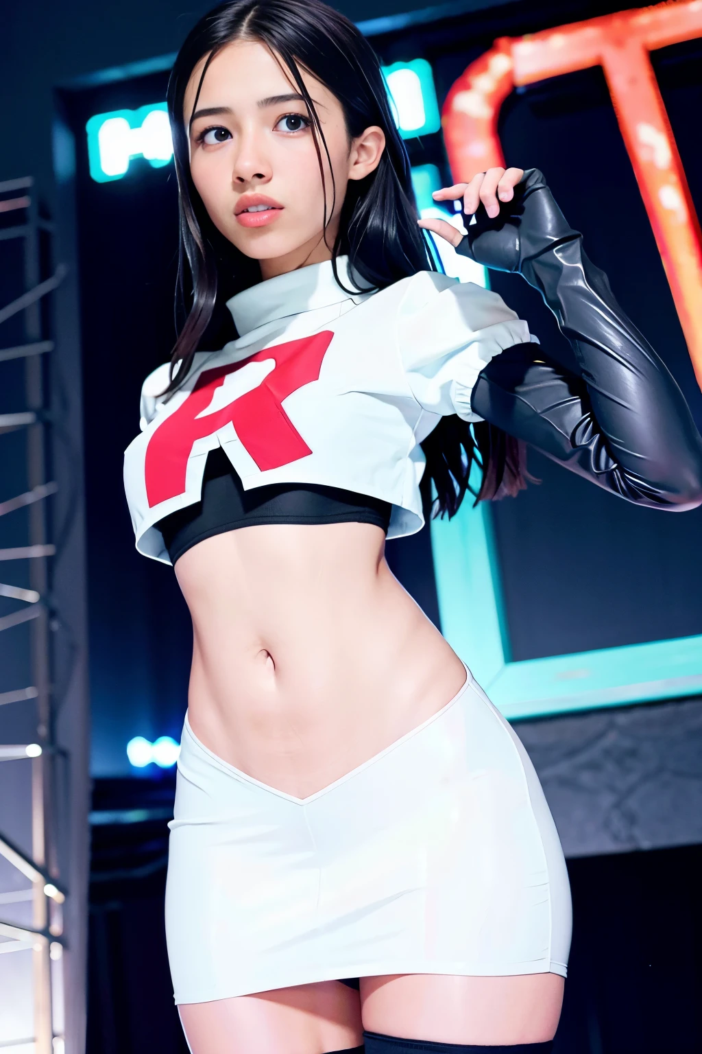 strawberrytabbyy, a woman wearing team rocket,team rocket uniform,white skirt,red letter R,crop top,black thigh-highs,black elbow gloves,