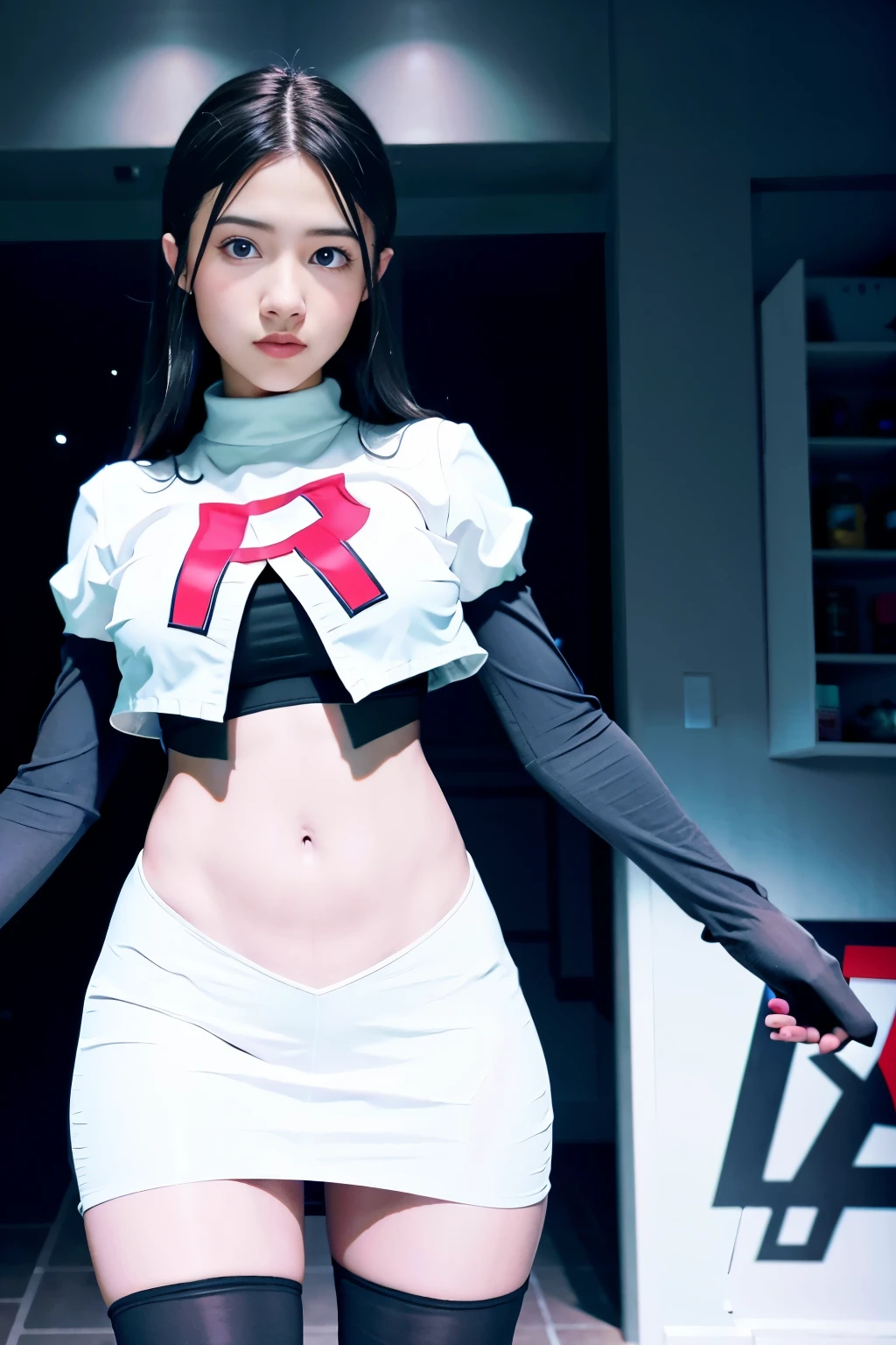 strawberrytabbyy, a woman wearing team rocket,team rocket uniform,white skirt,red letter R,crop top,black thigh-highs,black elbow gloves,