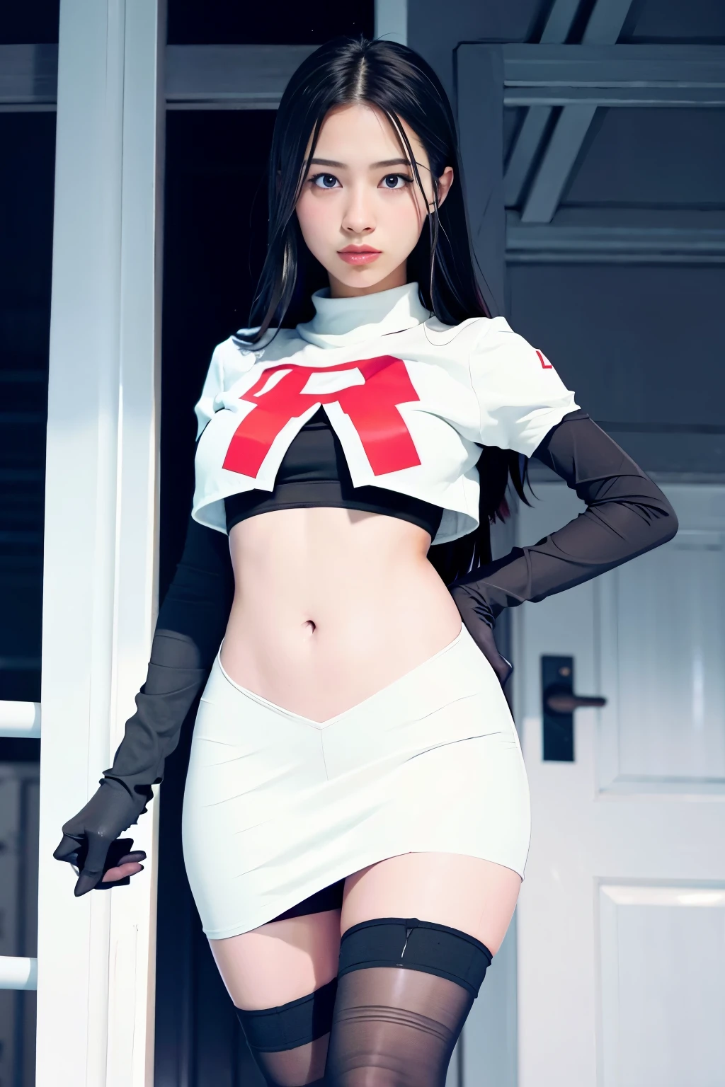 strawberrytabbyy, a woman wearing team rocket,team rocket uniform,white skirt,red letter R,crop top,black thigh-highs,black elbow gloves,