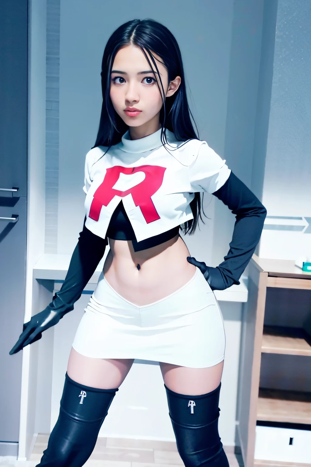 strawberrytabbyy, a woman wearing team rocket,team rocket uniform,white skirt,red letter R,crop top,black thigh-highs,black elbow gloves,