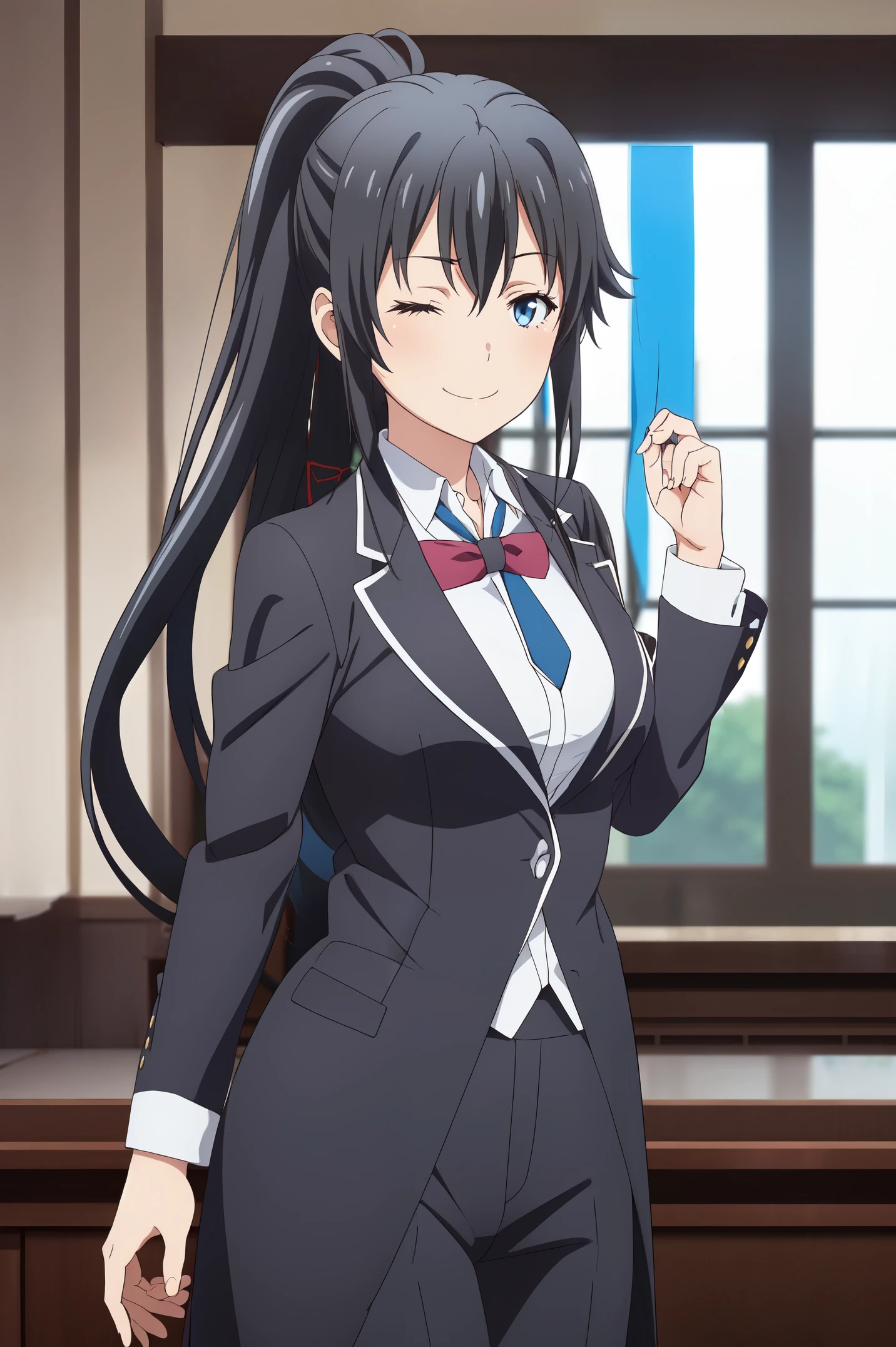 ((best quality)), ((masterpiece)), (detailed) 1girl 1girl, ;\), blurry, blurry_background, breasts, , hair_ponytail ribbon, looking_at_viewer, ok_sign, one_eye_closed, open_hand, Yukinoshita Yukino ,Woman wearing formal clothes, An attractive coat stands in a large gap in the room , 1girl, 独奏, blue necktie, Black hair, eyes blue, long hair, smile , collared shirt, white pants, white shirt , Elegantly designed coat , Stand in front of a window ,Perfectly tailored tailcoat. It has a stunning Victorian design and is made of lustrous fabric