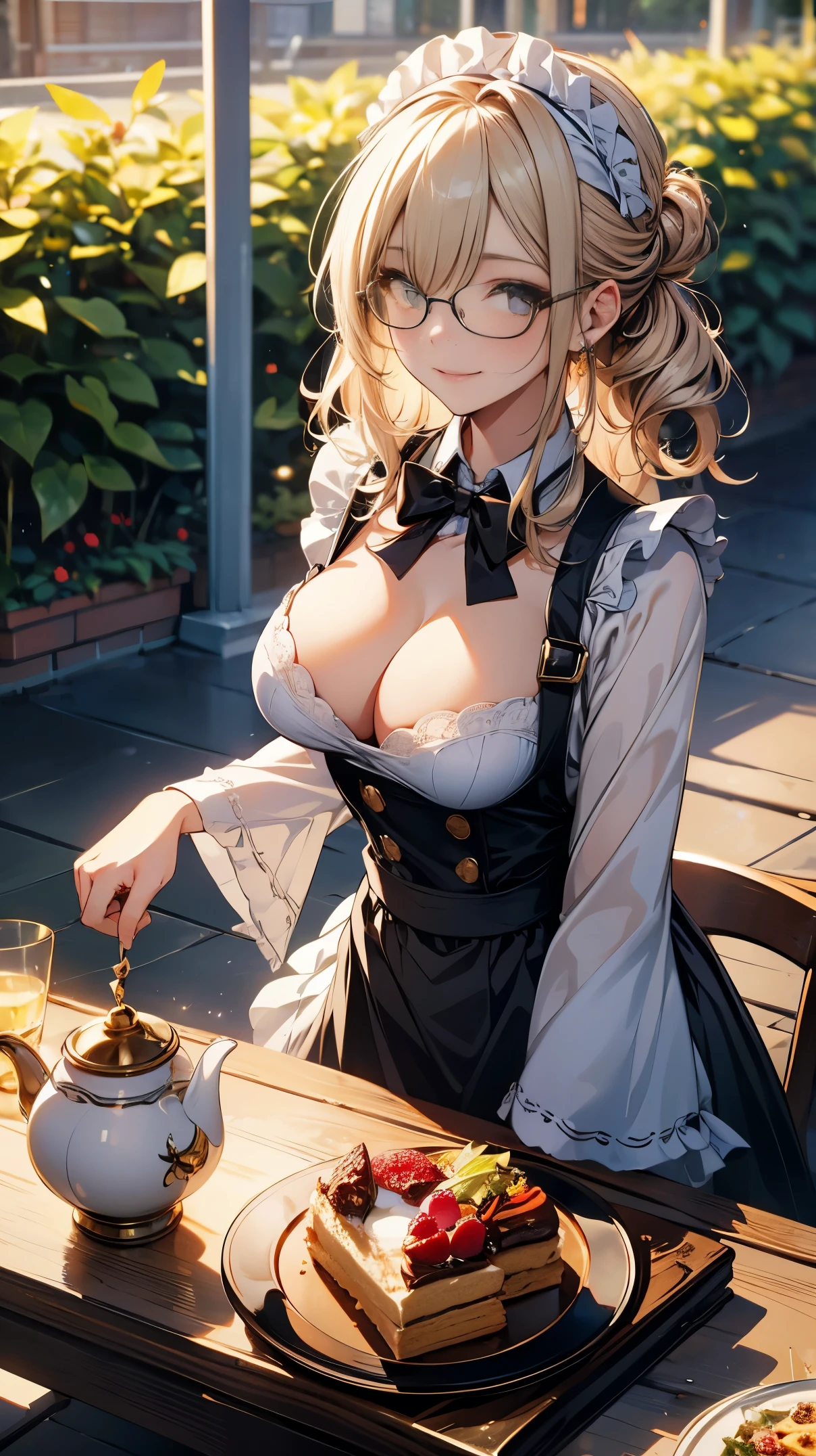 (best quality, masterpiece), (ultra high resolution, 8K RAW photo, photo realistics:1.5, textile shading, thin outline, clear focus:1.2), Beautuful Matured woman preparing tea_party in the garden, standing by the round table, (meisen's tea set, tea pot, tea cups, some cakes on dish), delicate and classy Baroque style white table with gold accents and royal_blue, wearing light_brown maid uniform, breast cleavage, maid costume:1.2, long flare skirts, apron, bow ties on the chest, long tall sally, long legs, white hair, (wearing thin-flame glasses:1.2), (milf:1.5, 28 years old, solo), (large breast, sagging breast, big tits, narrow waist), (medium short white hair, hair over one eye, (updo hair:1.2), side lock, asymmetric hair, wavy hair), (bright pupils, detailed eyes, high detailed face, Perfect face shape, eye rush), (seductitve smiling, half-closing eyes:1.2), (looking at viewers:1.3), (dynamic angle, full body, from below:1.2), ((correct anatomy:1.5, correct hands)), (ideal ratio of body proportions), (outdoor:1.2, grass field), 