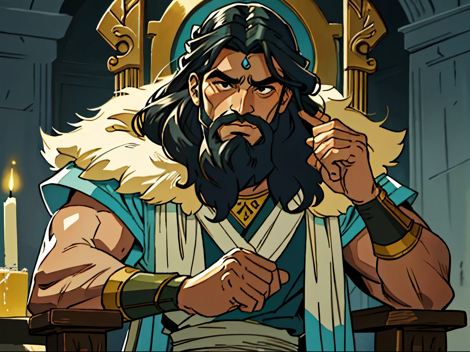 obra prima, melhor qualidade, rei hebreu sentado no seu trono, cabelos longos negros, barba grisalha, olhando para frente, cara de entediado, rei davi, Biblical style, epic style, comicbook, desenho animado, Better quality image sharp, detailed, colorful and noise-free 4K