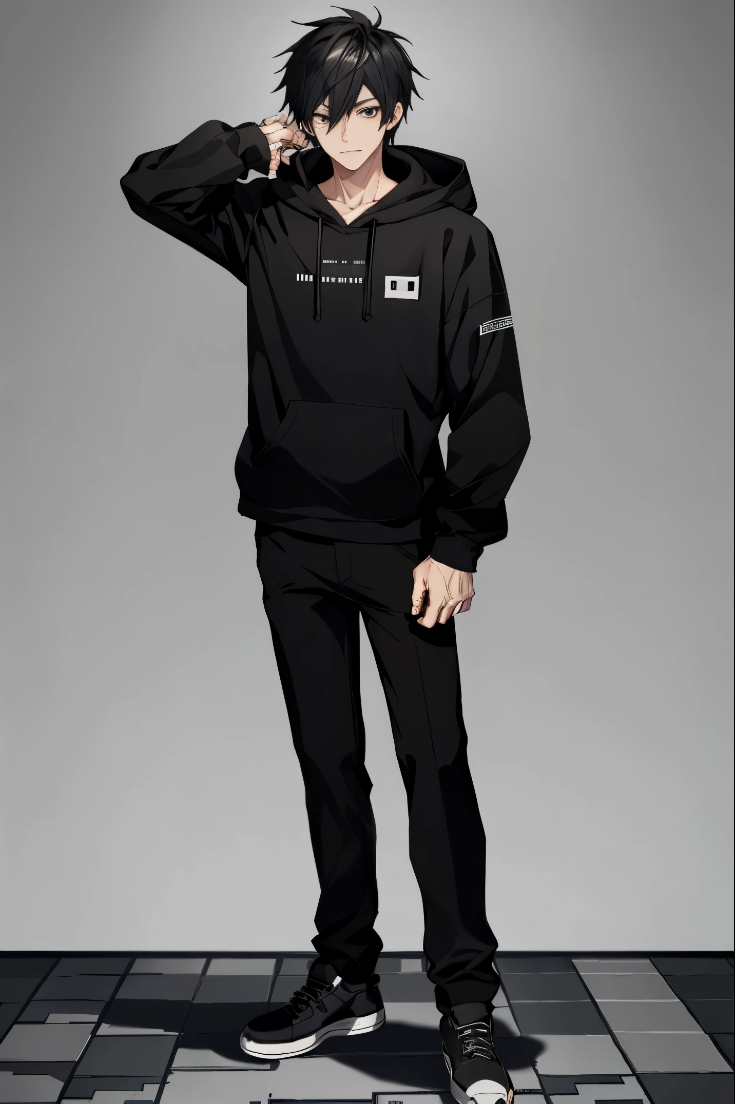 Masutepiece, detailed picture, best quality, 1boy, high quality, black gray hair, black eyes, black hoodie, black pants, standing, minecraft