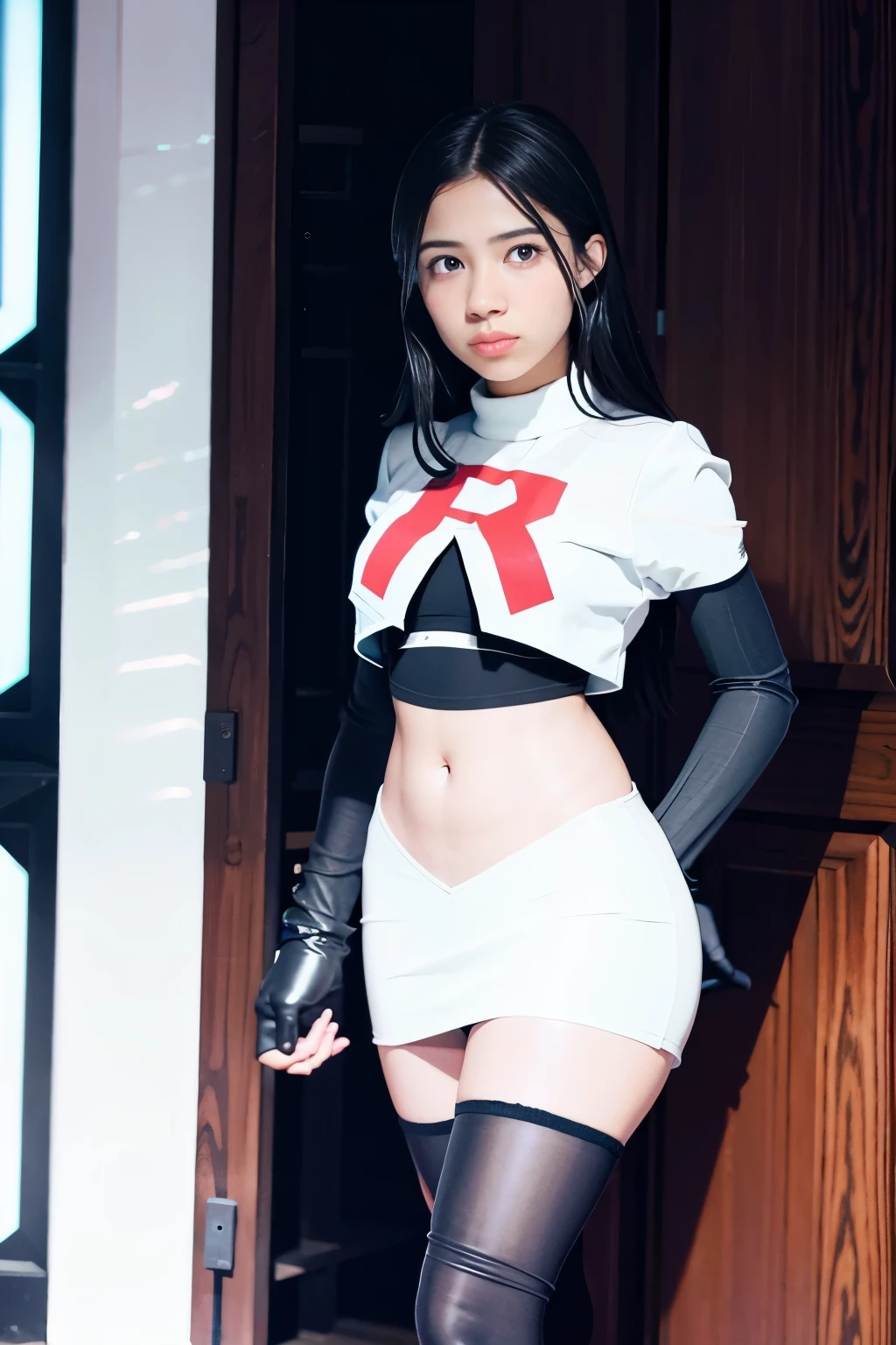 strawberrytabbyy, a woman wearing team rocket,team rocket uniform,white skirt,red letter R,crop top,black thigh-highs,black elbow gloves,