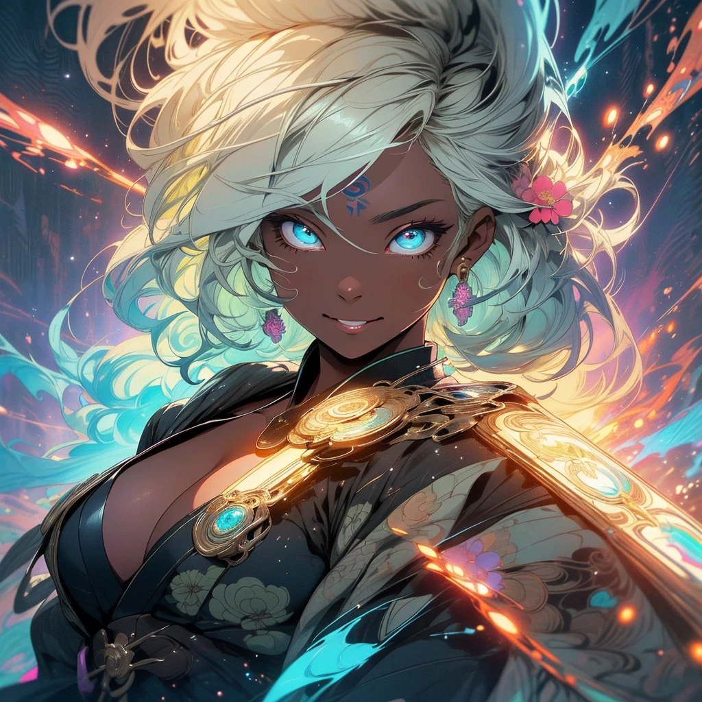 (((highest quality))),(((fine eyes))),(((32K))),(1 dark skinned girl),Fancy blonde,(tattoo),cyber punk,kimono,((luxurious and gorgeous)),shiny skin,earrings,Stylish costumes,((Super beautiful)),(perfect face),Japanese sword,ultimate texture,official art,Ukiyo-e,((stylish)),photograph,perfect body,smile,Bewitching,best image quality,super clear,genuine,fantasy,(Near the future),ninja,((perfect eyes)),big breasts,((Perfect cleavage)),highlight,挑発的なsmile,stick out tongue,Mechanical,mandala,Pouring rain,majestic,apotheosis,fractal art:(1.3),perfect lighting,colorful,