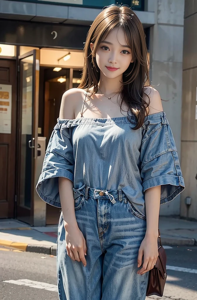 Green clothes、Drinking bottled water, Highest quality, masterpiece, Ultra-high resolution, (Realistic:1.4), RAW Photos, One Girl, Off the shoulder, Deep Shadow, Moderate, short hair, roadside,walk, 20-year-old,Cute Face, Small breasts, Tight shirt,(Cowboy Shot:1.5), Lens flare, 