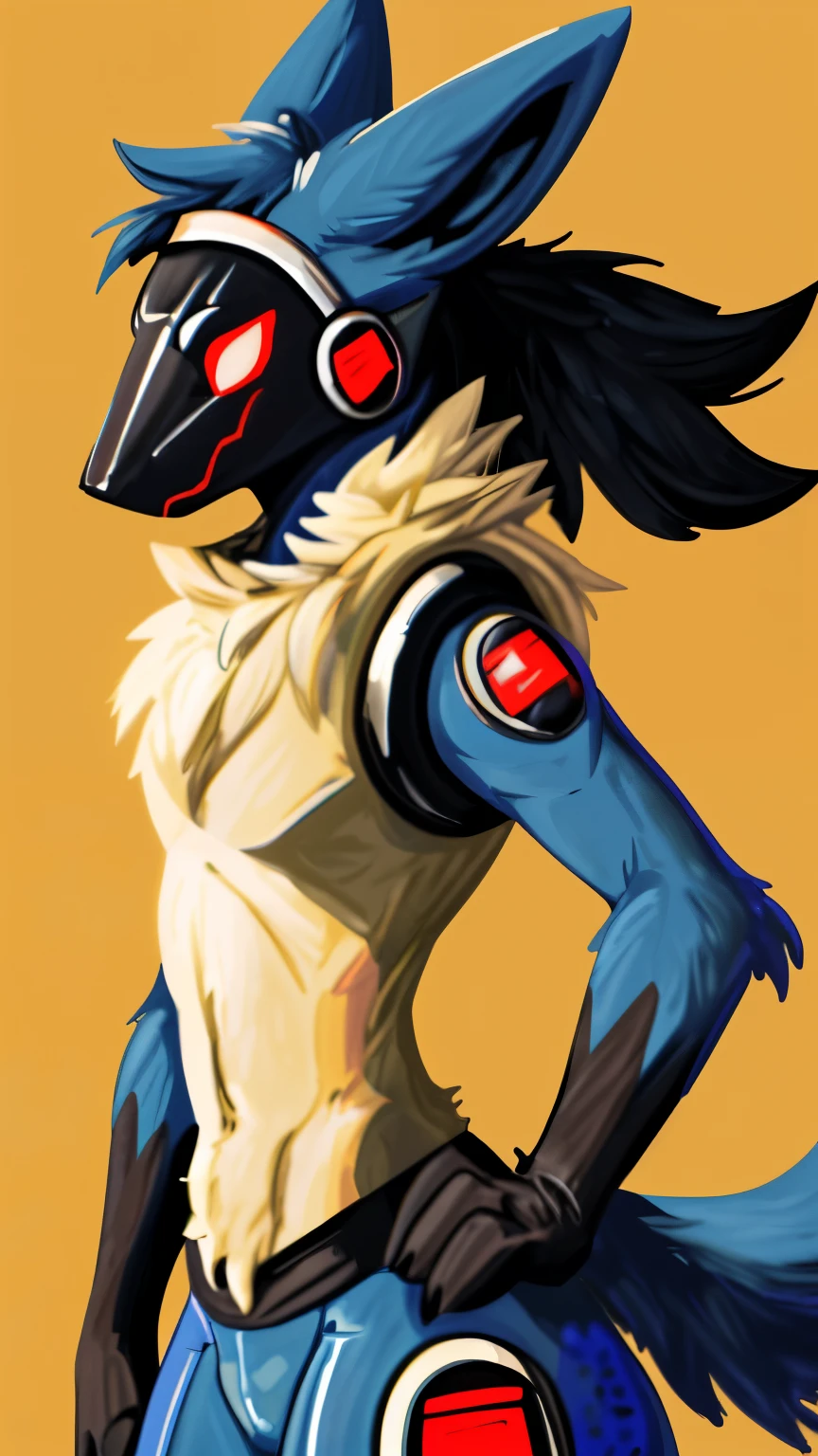 best quality, masterpiece work, high quality, Lucario (Pokemon), Male Lucario, (((Lucario's Fur))), ((Lucario's appearance)), protogen, Lucario × Protogen, strike a pose