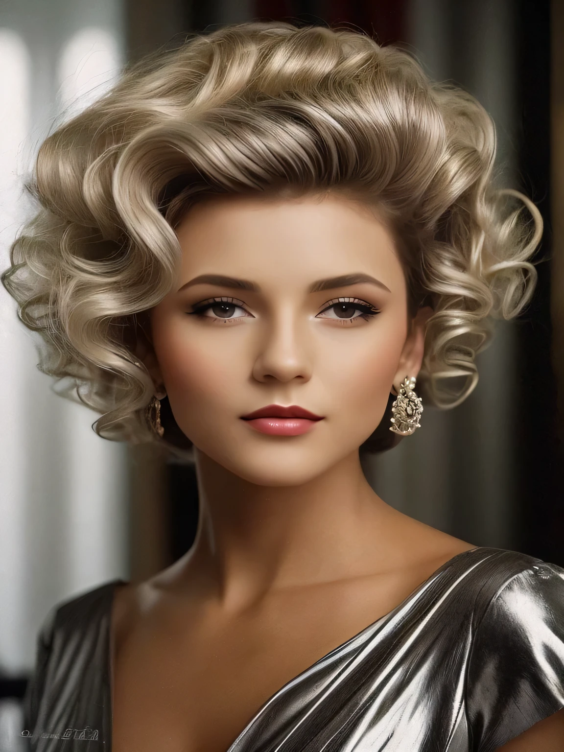 close-up of a girl with emerald eyes, in a turquoise silk dress, medium-long haircut, glamorous hairstyle, glamorous hairstyle, gorgeous hairstyle, wavy hairstyle, glamorous hair, curled silver hair, Victoria Isaeva, with curls, medium-long wavy hair, 80s hairstyle , curly blond hair girl, curly hair, big hair, wavy hair, large golden curls, with short hair at the back of the head
