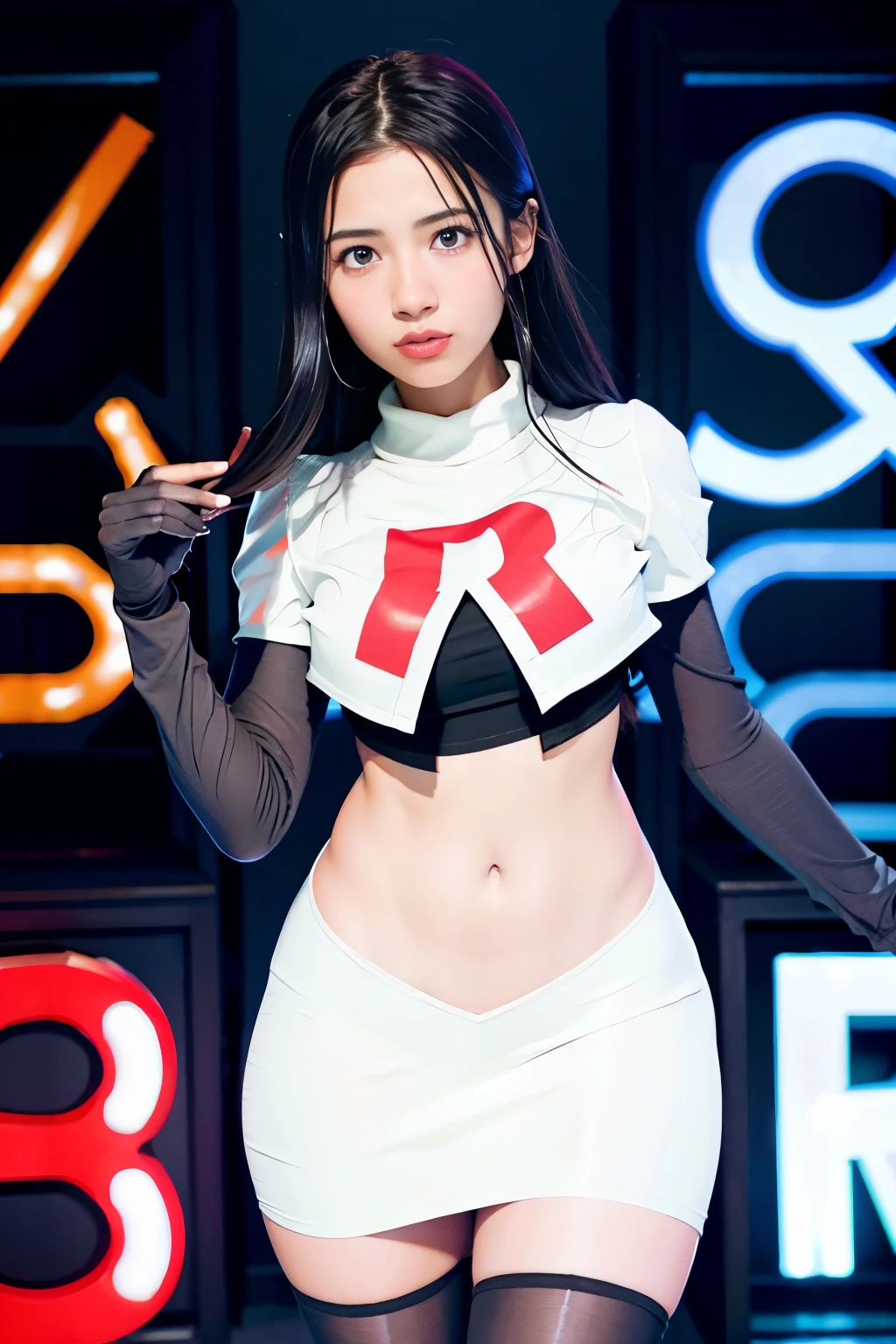 strawberrytabbyy, a woman wearing team rocket,team rocket uniform,white skirt,red letter R,crop top,black thigh-highs,black elbow gloves,