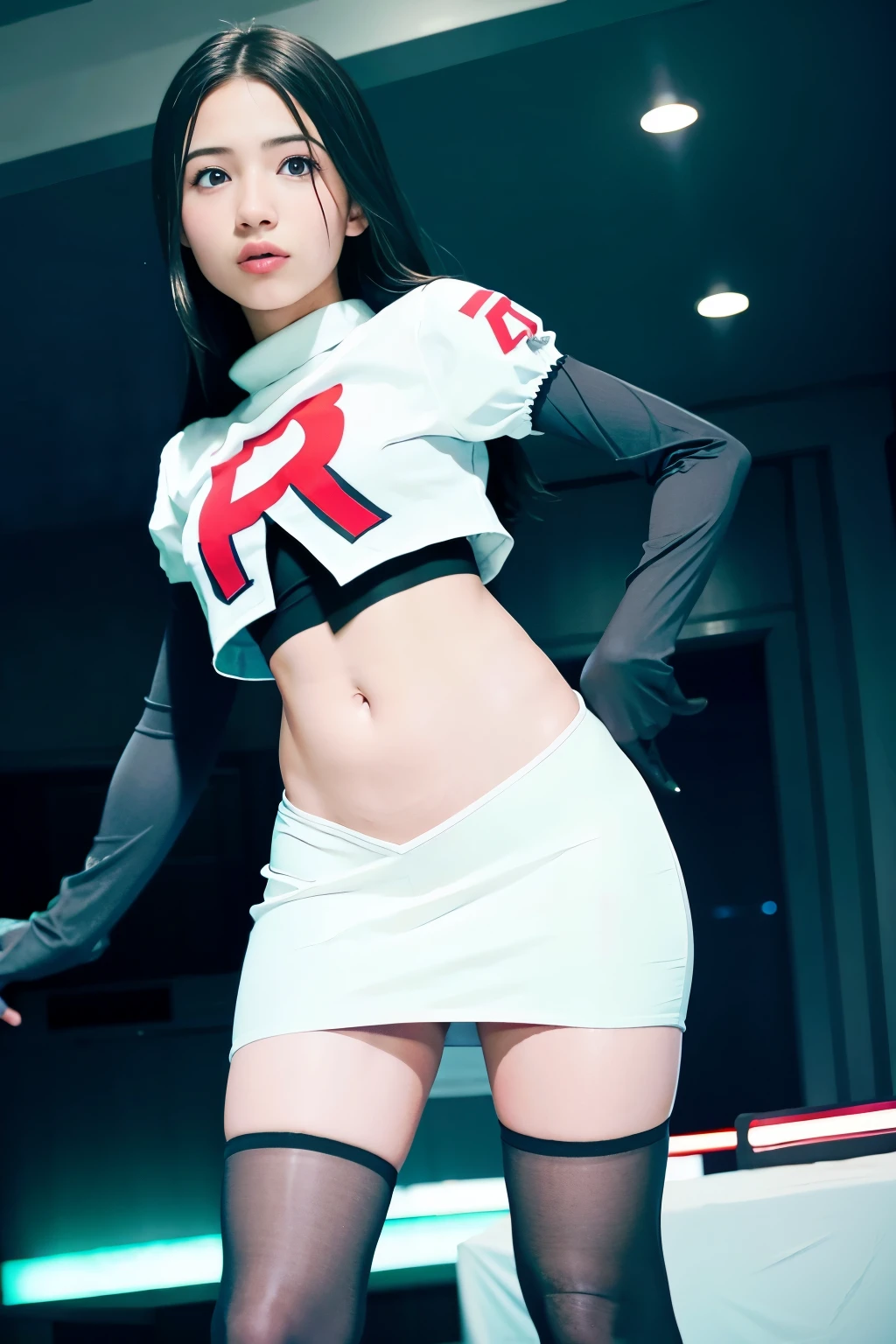 strawberrytabbyy, a woman wearing team rocket,team rocket uniform,white skirt,red letter R,crop top,black thigh-highs,black elbow gloves,