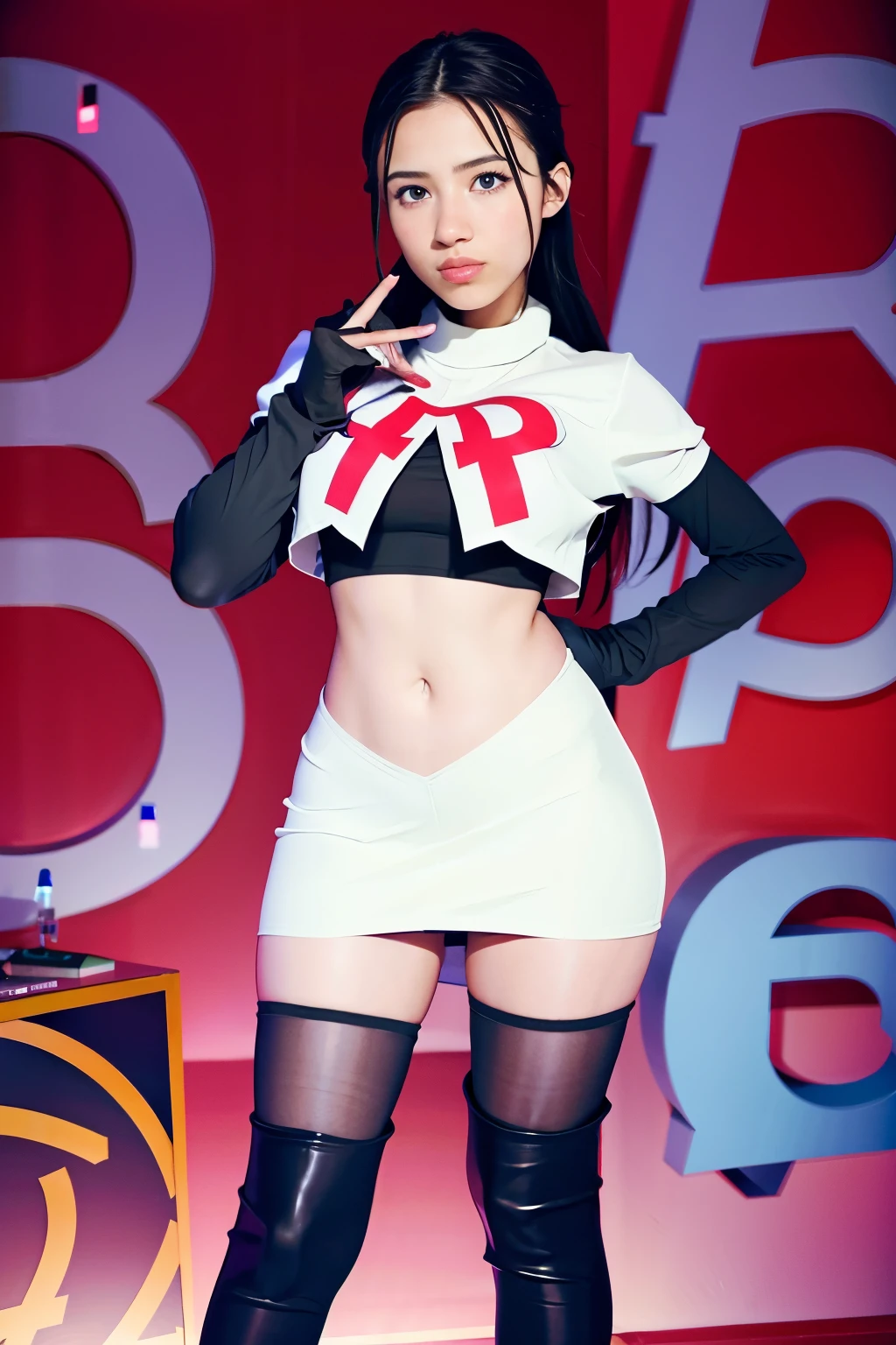 strawberrytabbyy, a woman wearing team rocket,team rocket uniform,white skirt,red letter R,crop top,black thigh-highs,black elbow gloves,