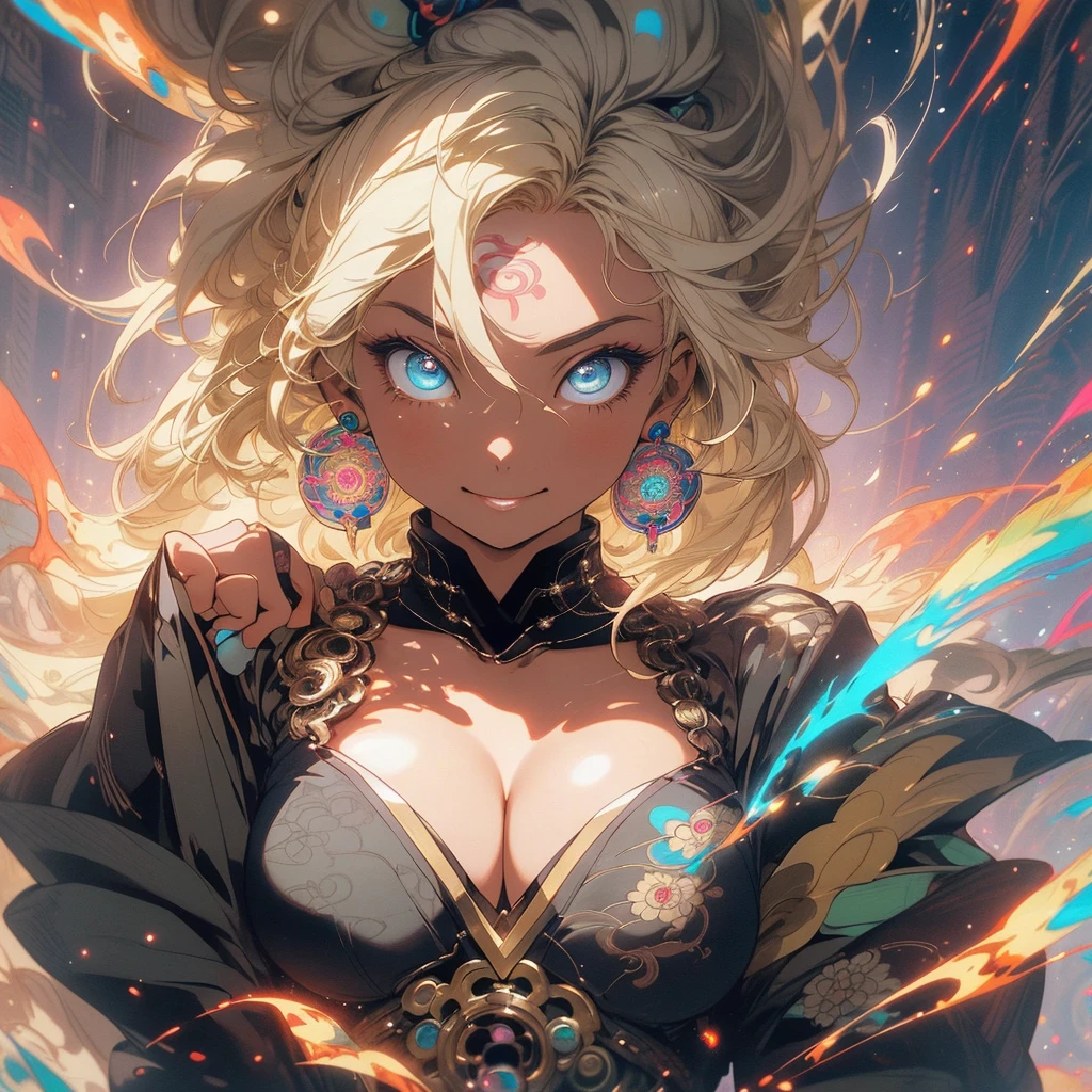 (((highest quality))),(((fine eyes))),(((32K))),(1 dark skinned girl),Fancy blonde,(tattoo),cyber punk,kimono,((luxurious and gorgeous)),shiny skin,earrings,Stylish costumes,((Super beautiful)),(perfect face),Japanese sword,ultimate texture,official art,Ukiyo-e,((stylish)),photograph,perfect body,smile,Bewitching,best image quality,super clear,genuine,fantasy,(Near the future),ninja,((perfect eyes)),big breasts,((Perfect cleavage)),highlight,挑発的なsmile,stick out tongue,Mechanical,mandala,Pouring rain,majestic,apotheosis,fractal art:(1.3),perfect lighting,colorful,