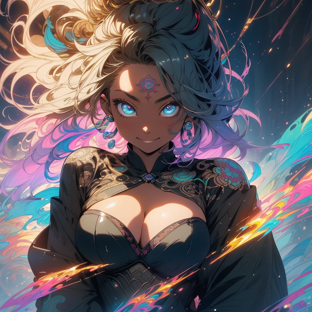 (((highest quality))),(((fine eyes))),(((32K))),(1 dark skinned girl),Fancy blonde,(tattoo),cyber punk,kimono,((luxurious and gorgeous)),shiny skin,earrings,Stylish costumes,((Super beautiful)),(perfect face),Japanese sword,ultimate texture,official art,Ukiyo-e,((stylish)),photograph,perfect body,smile,Bewitching,best image quality,super clear,genuine,fantasy,(Near the future),ninja,((perfect eyes)),big breasts,((Perfect cleavage)),highlight,挑発的なsmile,stick out tongue,Mechanical,mandala,Pouring rain,majestic,apotheosis,fractal art:(1.3),perfect lighting,colorful,