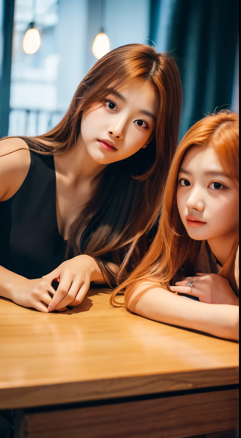 Two girls, rosé light yellow long hair, Rosé face shape, wearing a black dress, sitting in a table next to Tzuyu orange hair, Tzuyu face shape, wearing pink dress, strawberry logo, background wood house, masterpiece, superlative, realistic, HD, photographic lighting, 16k